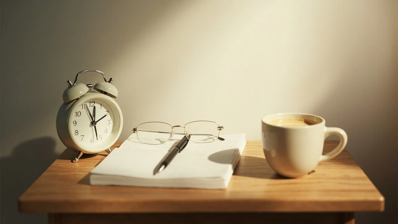 Analoge Uhr mit der Anzeige 07:07 uhr auf einem hellen Schreibtisch