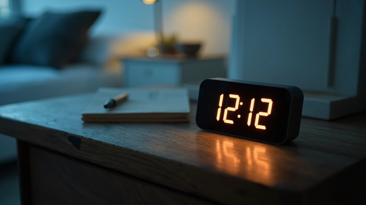 Digitale Uhr mit der Anzeige 12:12 als Symbol für eine Spiegelzeit