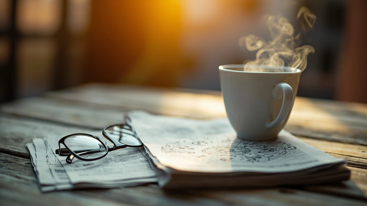 Horoskop heute Manticus auf einer Tageszeitung mit Sternzeichen und Kaffeetasse