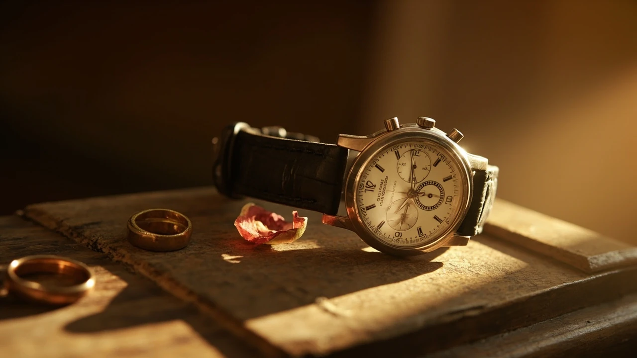 13:13 Liebe – Spiegelzeit auf einer analogen Uhr mit zwei rotgoldenen Zeigern